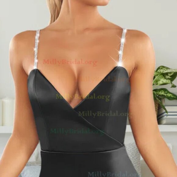 Black Satin Rhinestone  Fringe Trim Dress - Picture 2 of 4